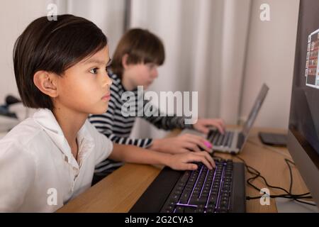 Ragazzi che usano computer a casa Foto Stock
