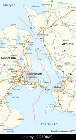 Mappa stradale vettoriale del corso d'acqua di Oresund tra Svezia e Danimarca Illustrazione Vettoriale