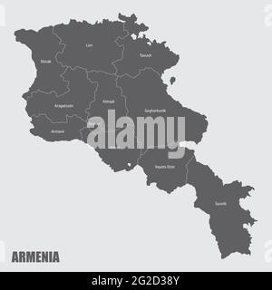 La mappa amministrativa dell'Armenia divisa in regioni con etichette Illustrazione Vettoriale