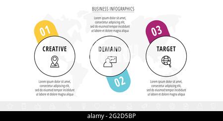 Infografiche vettoriali di linea con tre cerchi. Concept moderno 3 icone con etichette passo dopo passo per l'app, il business, il sito Web, l'interfaccia, il grafico, livelli Illustrazione Vettoriale