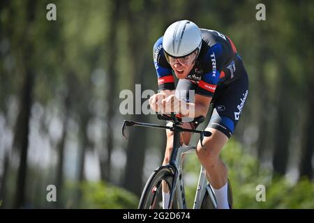 Il Belga Toon Aerts ha raffigurato in azione durante la seconda tappa della gara ciclistica Baloise Belgium Tour, una prova individuale a tempo ITT di 11,2 km da AN Foto Stock