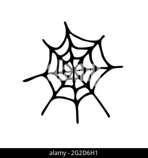 Elemento web del ragno di doodle. Cobweb nero disegnato a mano isolato su sfondo bianco. Spaventoso segno carino. Illustrazione vettoriale per disegni di caduta naturali Illustrazione Vettoriale