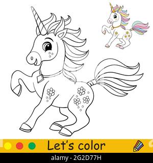 Cartone animato simpatico e divertente unicorno frolicking. Colorare la pagina del libro con il modello colorato per i capretti. Illustrazione vettoriale isolata. Per libro da colorare, stampa, Illustrazione Vettoriale