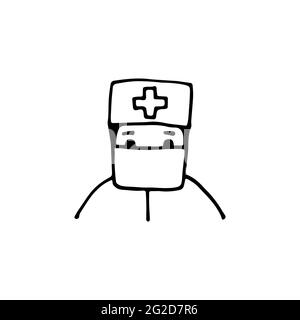 Vettore doodle personaggio medico. Delineare l'uomo in una maschera protettiva. Lavoratore medico isolato su sfondo bianco. Segno di medicina, protezione, salute ca Illustrazione Vettoriale