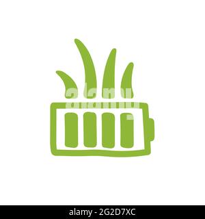Simbolo di risparmio energetico. Segno verde di riciclaggio, eco, ecologia, tecnologia, cura della terra. Batteria con erba germogliante isolata su sfondo bianco. Energia Illustrazione Vettoriale