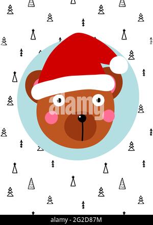 Carino cartolina di Natale scandinava. Orso marrone sorpreso in cappello rosso di Santa. Doodle disegnati a mano alberi di Natale sfondo. Vettore immagine intima xmas f Illustrazione Vettoriale