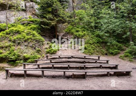 Panchine vuote di un teatro naturale nei boschi Foto Stock
