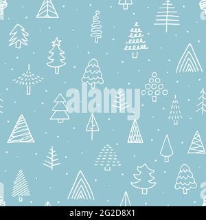 Modello di punti di Capodanno con doodle vettoriale senza giunture. Disegnato a mano bianco contorno carino albero di Natale su sfondo blu. Immagine degli abeti per le vacanze per wallp Illustrazione Vettoriale