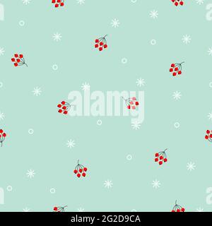 Modello invernale senza cuciture. Random fiocchi di neve bianchi e bacche rosse su sfondo blu. Illustrazione minimalista Vector Holiday per sfondi, wrapping Illustrazione Vettoriale