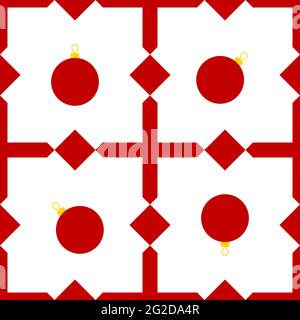 Nuovo anno modello di festa senza soluzione di continuità. Palline rosse di Natale ed elementi geometrici su sfondo bianco. Illustrazione di stock vettoriale con decorazione di festa Illustrazione Vettoriale