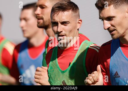 Timothy Castagne in Belgio ha ritratto durante una sessione di allenamento della nazionale belga di calcio Red Devils, a Tubize, giovedì 10 giugno 2021. La Foto Stock