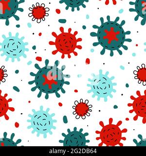 Motivo con insegne Doodle Coronavirus senza cuciture. Cartoon rosso, blu verde cellula del virus isolato su sfondo bianco. Simbolo di malattia, polmonite, covidio, medici Illustrazione Vettoriale