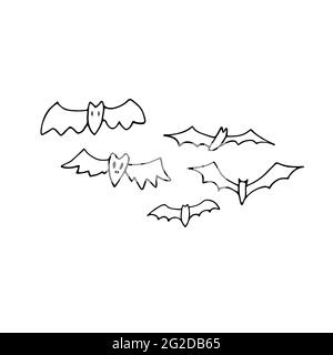 Doodle pipistrelli set. Animali con alata creepy disegnati a mano isolati su sfondo bianco. Contorno flittermouse flock. Collezione per Halloween, stampa, autunno ho Illustrazione Vettoriale