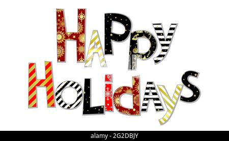 Carta di Natale taglio lettere Happy Holidays isolato su sfondo bianco. Parole festive piene di ornamenti di Capodanno. Brillante patchwork di Natale Illustrazione Vettoriale