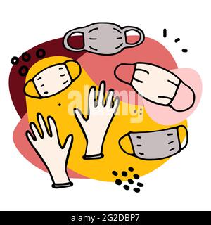 Set di doodle medico protettivo. Maschere disegnate a mano, guanti. Mezzi di protezione della mano e del viso contro virus, sporcizia, batteri, germi. Simbolo contorno vettore Illustrazione Vettoriale