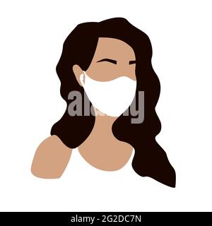 Donna in maschera medica concetto di moda. Carattere piatto isolato su sfondo bianco. Ragazza dalla pelle scura con capelli lunghi, cuffie wireless. Virus, corona Illustrazione Vettoriale