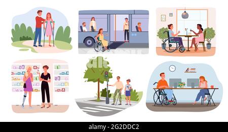 Disabili persone in scene di stile di vita, mondo internazionale disabilità giorno set Illustrazione Vettoriale