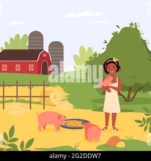 Bambino felice con animale domestico di allevamento di maiale, ragazza che abbruttano piggy carino, alimentazione degli animali domestici Illustrazione Vettoriale