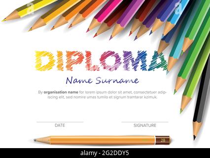 Modello colorato di certificato di diploma per bambini con matita da disegno e matita a colori. Modello certificato di diploma per bambini pronto Illustrazione Vettoriale