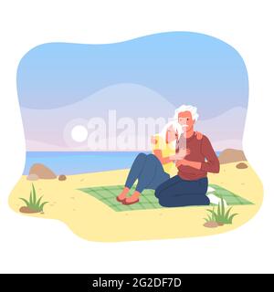 Anziano affettuoso coppia persone abbraccio, anziano uomo e donna seduta insieme sulla spiaggia di mare Illustrazione Vettoriale