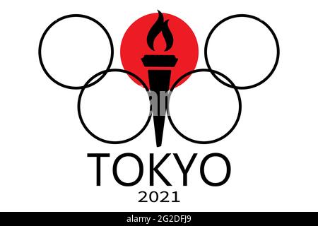 Giochi sportivi Tokyo 2021. Simboli delle Olimpiadi fiamma olimpica, anelli olimpici, torcia sullo sfondo della bandiera giapponese Illustrazione Vettoriale