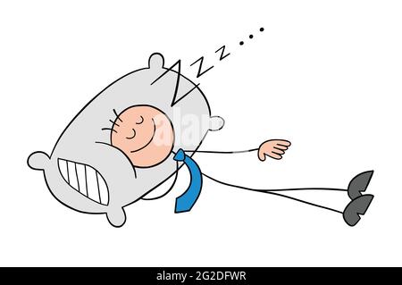 Stickman personaggio businessman dorme con un cuscino, vettore cartoon illustrazione. Contorno nero e colorato. Illustrazione Vettoriale