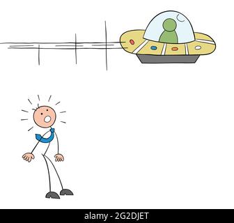 Stickman uomo d'affari vede UFO ed è sorpreso, vettore cartoon illustrazione. Contorno nero e colorato. Illustrazione Vettoriale