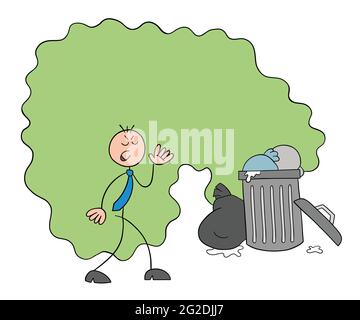 Stickman personaggio uomo d'affari disgustato dall'odore di spazzatura, vettore cartoon illustrazione. Contorno nero e colorato. Illustrazione Vettoriale