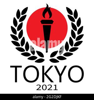 Giochi Olimpici estivi. Torcia olimpica sullo sfondo della bandiera giapponese e la corona di alloro del vincitore con l'iscrizione Tokyo 2021. Illustrazione Vettoriale