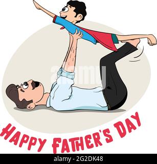 Grafico vettoriale Happy Father's Day. Bambini che giocano con il padre. Figlio vestito da supereroe con un capo. Libro Superdad Illustration for Kids. Padre felice. Illustrazione Vettoriale