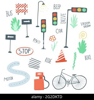 grande insieme di elementi urbani piatto semplice disegno a mano in stile cartoon. auto, strade, semafori. illustrazione vettoriale Illustrazione Vettoriale