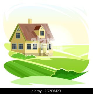 Casa rurale. Semitirimorse. In un divertente stile piatto cartoon. Isolato su sfondo bianco. Tetto marrone a tegole. Piccolo e intimo cottage suburbano. Villaggio rurale. Poll Illustrazione Vettoriale