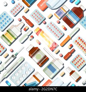 Farmaci modello senza soluzione di continuità. Illustrazione con le pillole. Concorrenza. Farmaci. Prodotti farmaceutici. Ambulanza. Farmacia. Design piatto. Vettore Illustrazione Vettoriale