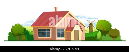 Casa rurale nel giardino. Mezzo giro. Allegro cartone animato in stile piatto. Isolato su sfondo bianco. Tetto rosso a tegole. Piccolo e intimo cottage suburbano con Illustrazione Vettoriale