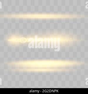 Confezione di lenti orizzontali gialle. Raggi laser, raggi di luce orizzontali.Beautiful luce flares. Illustrazione Vettoriale