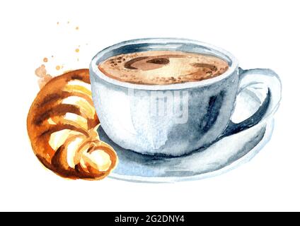 Tazza di caffè e croissant al mattino. Immagine disegnata a mano con acquerello, isolata su sfondo bianco Foto Stock