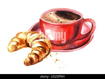 Tazza rossa di caffè e croissant al mattino. Immagine disegnata a mano con acquerello, isolata su sfondo bianco Foto Stock