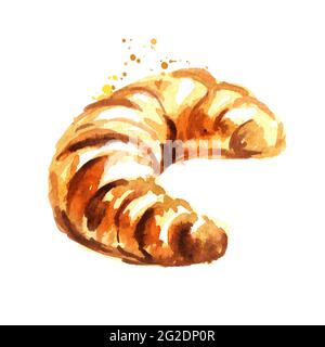 Croissant francese tradizionale, panificio del mattino. Immagine disegnata a mano con acquerello, isolata su sfondo bianco Foto Stock