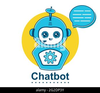 Icona robot bot chat virtuale. Carattere operatore chatbot online per aiuto web, servizio di assistenza clienti. Assistente robotico ai con burble vocale. Vettore Illustrazione Vettoriale