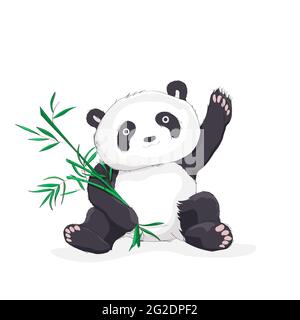 Disegno vettoriale di un orso di panda che ondola ciao e tiene foglie di bambù Illustrazione Vettoriale