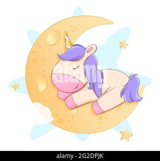 Carino unicorno dormire sulla luna. Divertente magia unicorn personaggio cartoon. Utilizzabile per la stampa, l'invito e altri scopi. Illustrazione vettoriale stock Illustrazione Vettoriale