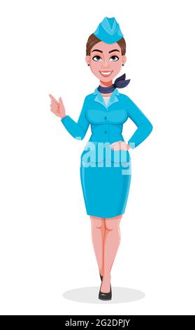 Stewardess in uniforme blu che punta su qualcosa. Bella donna stewardess personaggio cartoon in uniforme professionale. Illustrazione vettoriale stock su w Illustrazione Vettoriale