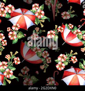 Fiori rossi e bianchi e ombrelli senza cuciture. Acquerello Foto Stock