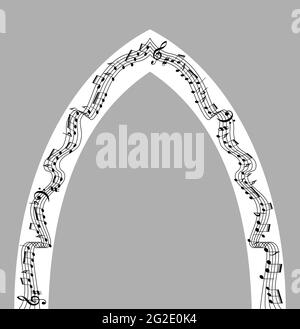 Arco musicale con l'uso di uno staff di musica e note per la progettazione di una cerimonia nuziale uscita, ingresso, portale. Illustrazione vettoriale. Illustrazione Vettoriale