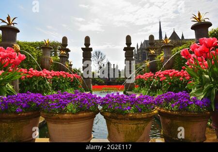 I giardini di Arundel Castle, Arundel, West Sussex, durante l'annuale Festival dei tulipani Foto Stock