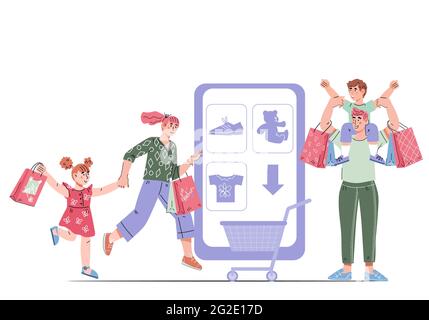 Concetto di shopping online con la famiglia accanto allo smartphone, cartoon illustrazione vettoriale. Illustrazione Vettoriale