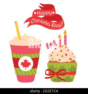 Carta Happy Canada Day. Cartoon Canadian tazza caffè da andare e cupcake con foglia d'acero, bandiera e nastro di nastro. Patriottico muffin 1 luglio festa nazionale Canada giorno. Illustrazione vettoriale isolata Illustrazione Vettoriale