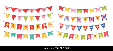 Garland Bunting flag Canada Day Set piatto di colori brillanti. Festa canadese di festa appeso festoon bandiere multicolore con foglia d'acero. Pennants decorazione patriottica, festival felice Canada vettore giorno Illustrazione Vettoriale