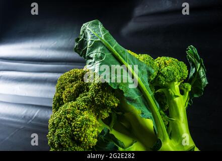 Grande testa fresca cruda di cavolo di broccoli su fondo nero, cibo vegetariano sano, primo piano. Foto Stock