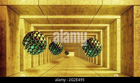 Astratto murale Illustrazione della sfera di cristallo 3D su sfondo decorativo tunnel carta da parati. Arte grafica moderna Foto Stock